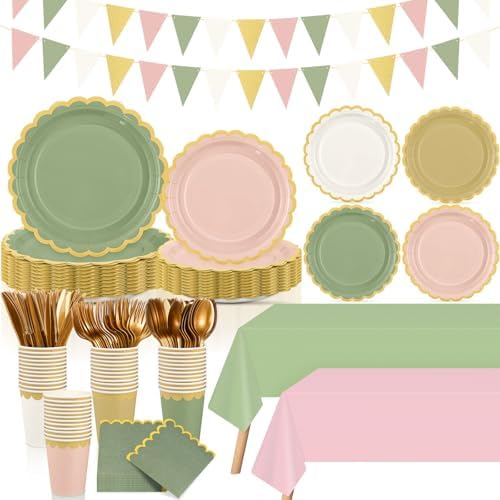 Mimorou 342 Pcs Sage Green and Pink Party Supplies Plates Napkins Cups by Mimorou