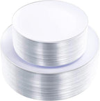 KIRE 100PCS Silver Plastic Plates - Heavy Duty White Disposable Plates with Silver Rim for Party/Wedding - Include 50Pcs 10.25inch Dinner Plates and 50Pcs 7.5inch Dessert Plates for Party by KIRE