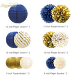 NICROLANDEE Navy Blue and Gold Decorations, 27 PCS Hanging Paper Lanterns Tissue Pom Poms Garlands Decor for Graduation Party, Mens Birthday, Memorial Day Decorations, New Years Party Supplies - Image 3