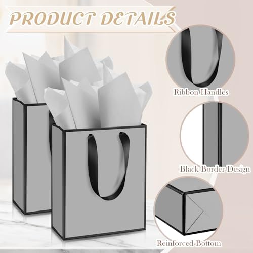 Yeaqee 50 Pcs Metallic Paepr Gift Bags Bulk with Handles,Grey Black - Image 3