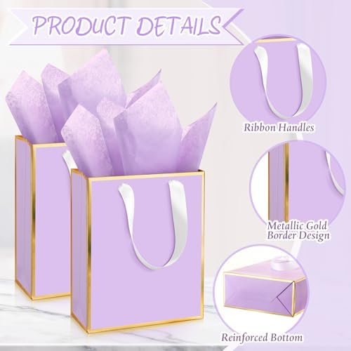 Yeaqee 50 Pcs Metallic Paepr Gift Bags Bulk with Handles,Lavender Purple - Image 3