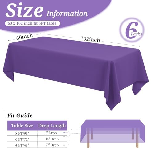 YMHPRIDE 6 Pack Purple Tablecloth 60 x102 inch Polyester Table Cloth for 6 Foot Rectangle Tables, Stain and Wrinkle Resistant Washable Fabric Polyester Table Covers for Wedding Party Banquet - Image 2