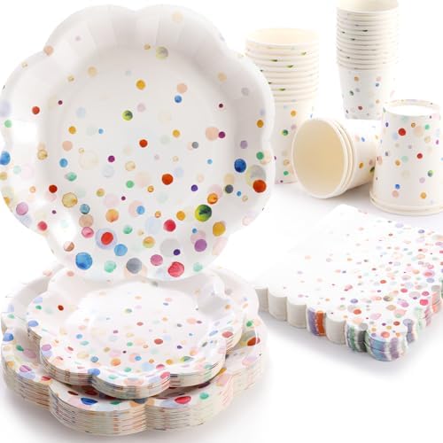 Colorful Birthday Plates and Napkins 200PCS Confetti Happy Birthday Party Plates Set Disposable Tableware Serve 50 for Art Paint Party Supplies Bubble Decorations-Colorful Paper Plates by Gudvilla