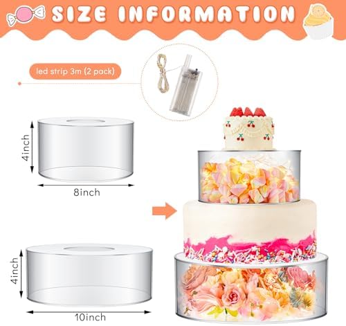 Sunnyray 2 Pcs Acrylic Cake Stands for Dessert Table Clear Fillable Cake Riser Cupcake Tier with LED Strings for Birthday Wedding Holiday Party Display(8'', 10'') - Image 2
