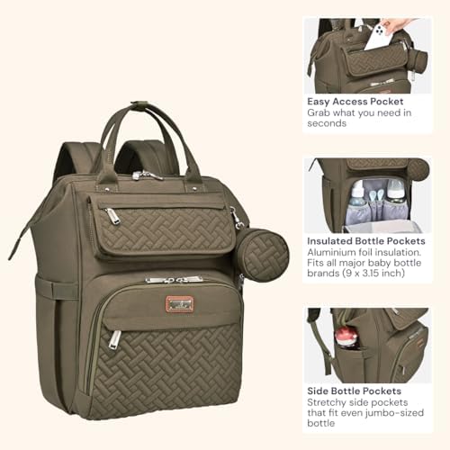 BabbleRoo Diaper Bag Backpack, Multifunction Nappy Changing Bag with Changing Pad, Stroller Straps & Pacifier Case, Unisex Stylish Travel Back Pack for Moms & Dads - Army Green - Image 4