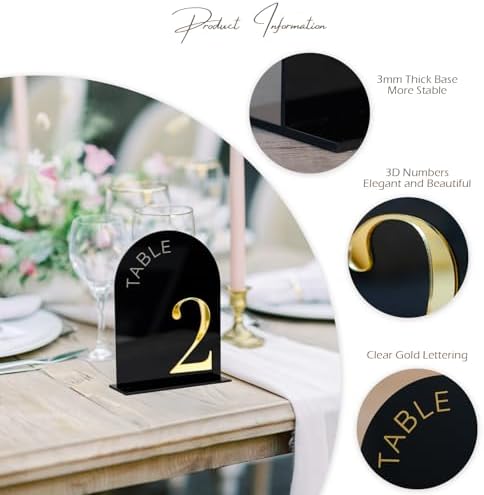 Black Arch Wedding Table Numbers 1-15, Gold Numbers and Stands - Image 3