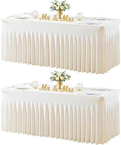 Ivory Table Cloth for 8 Foot Rectangle Tables Fitted Stretch Spandex Table Cover with Skirt 8ft Baby Shower Birthday Party Banquet Ruffle Cream Tablecloth Wedding Table Cloths Desk Skirt, 2 Pack by LittleFunny
