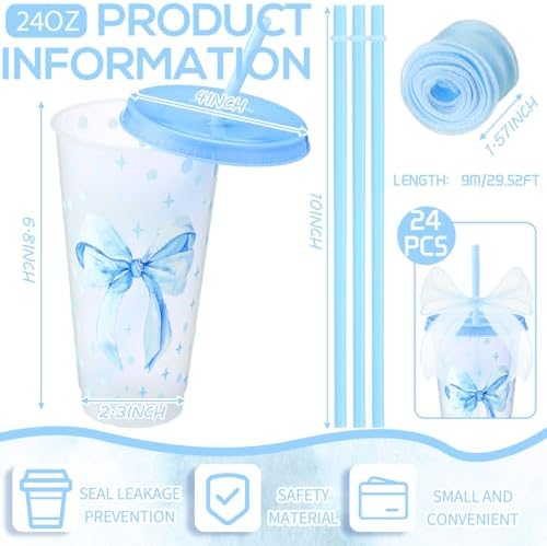 Willinglong 24 Blue Bow Cups with Lid Straw Galentines Party Favor 24 oz - Image 2