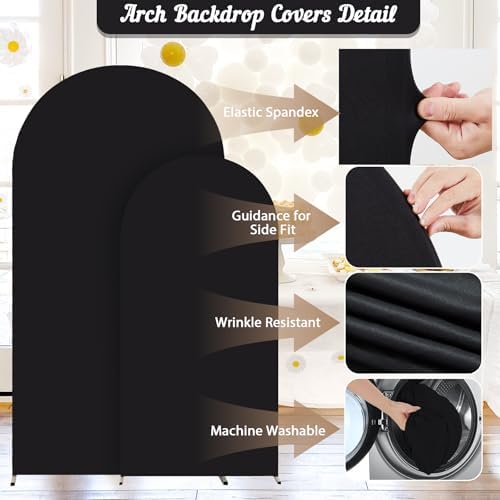 2 Set-6.6FT, 5FT Black Arch Backdrop Cover,Spandex Fitted Wedding Arch Stand Covers Round Top Chiara Arch Backdrop Stands Cover for Birthday Parties Banquet Photo Background Decoration - Image 5