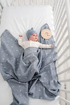 Miaoberry 100% Organic Muslin Swaddle Set w Matching Hat/Bow| Moon Leaves in Haze Blue| Hospital Home-Coming Baby Announcement Blanket Gender Neutral for Boy n Girl - Image 5