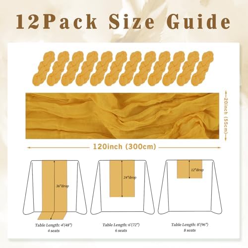 12 Pack Mustard 10FT Cheesecloth Table Runner Rustic Gauze Fabric Cheese Cloth Table Runner for Wedding Bridal Baby Shower Table Decor Boho Sheer Birthday Party Table Decorations 20 x 120 Inch Long - Image 2