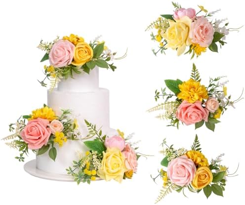 TINGE TIME 3Pcs Pre-made Cake Toppers，Silk Artificial Flowers Decor，Cake Decorations for Weddings, Birthdays, Party,Baby Shower,Celebration (PeachPink&Yellow) - Image 2