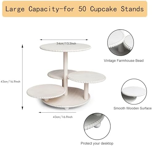 Wooden 4 Tiered Cupcake Stand Rustic Beaded Tower for 50 Cupcakes Party - Image 3