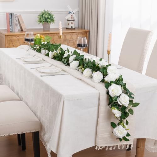 U'Artlines 3 Pack Artificial White Rose Garlands Flower Vines 19.5 ft - Image 3