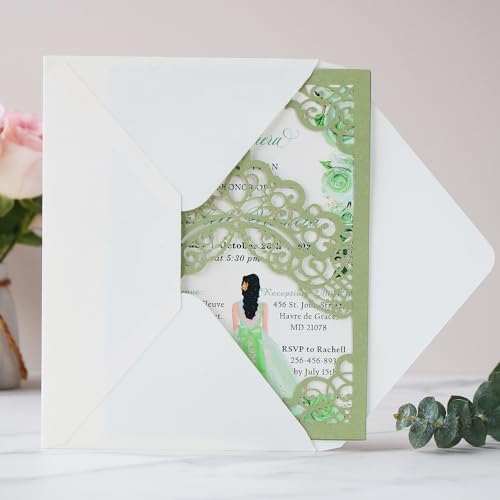 Hosmsua 50PCS Personalized Sage Green Quinceanera Invitations Kit 5.1x7.3 Inch Laser Cut Floral Crown Pocket Quince Invitation Cards with Envelopes for Birthday Bridal Shower - Image 5