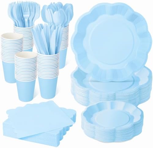 350 Pcs Light Blue Scalloped Disposable Plates Tableware Set for 50 Guests by COSINIA