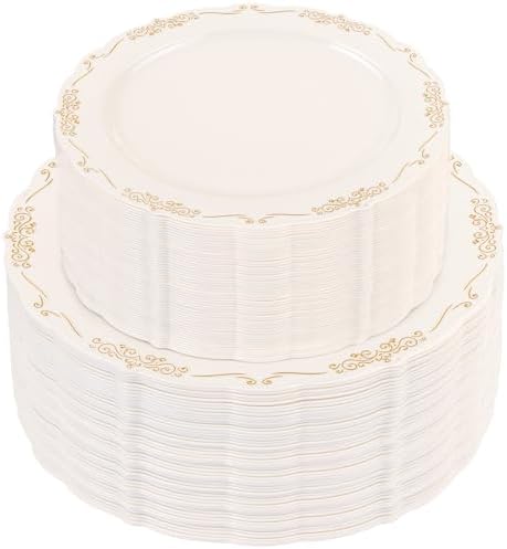 U-QE 100 PCS Ivory Plastic Plates with Gold Rim by U-QE
