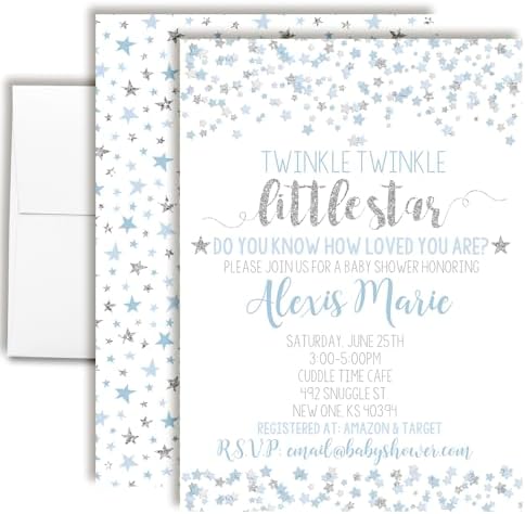 Custom Baby Shower Invites Twinkle Baby Boy Shower Invitations 20 5x7 Personalized Little Star Invites With Envelopes - Unique Blue and Silver Star Baby Shower Cards by AmandaCreation