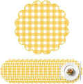 100Pcs Checkered Paper Placemats Yellow Gingham Place Mats 13.5 Inch Disposable Round Decorative Dining Table Mat with Scalloped Edge Paper Cutouts Decor for Wedding Baby Shower Table Party Supplies by Elasign