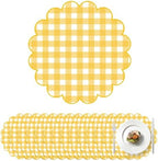 100Pcs Checkered Paper Placemats Yellow Gingham Place Mats 13.5 Inch Disposable Round Decorative Dining Table Mat with Scalloped Edge Paper Cutouts Decor for Wedding Baby Shower Table Party Supplies by Elasign