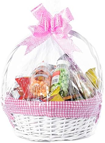 White Round Willow Gift Basket with Pink Gingham Liner & Handle, Mediun – Empty Christmas Basket for Gifts, Holiday Wicker Basket, Basket to Fill - Image 2
