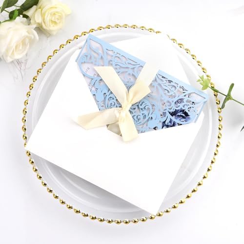 50pcs Light Blue Wedding Invitation Kit Laser Cut Invitations Pocket Card - Image 6