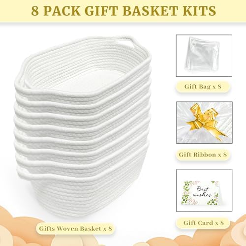 8 Pack Small Woven Baskets with Gift Bags & Ribbons & Cards, Cotton Rope Durable Storage with Handles 12"x8"x5" Empty Gift Baskets for Mother's Day, Baby Showers, Birthdays & Raffle (White) - Image 2