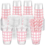 Funnymoom 50 Sets 20 oz Pink Gingham Plastic Cups with Lids & Paper Straws by Funnymoom