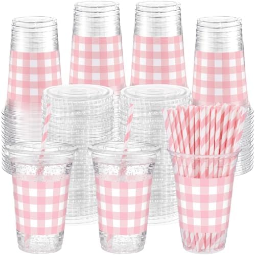 Funnymoom 50 Sets 20 oz Pink Gingham Plastic Cups with Lids & Paper Straws by Funnymoom
