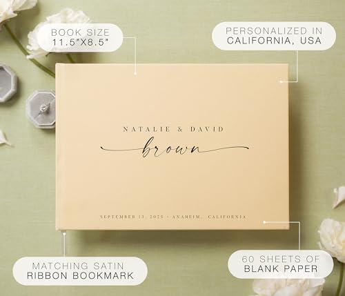 Personalized Guest Book - 11.5" x 8.5" Custom Bride & Groom Names with Bookmark and Hard Cover 140 GSM Blank Pages, for Weddings Guest Book, Engagements, Birthdays, Special Events, Butter - Image 2