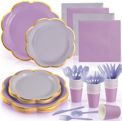350Pcs Purple Paper Plates and Napkins Party Supplies for 50 Guests by OuMuaMua