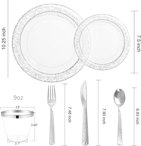 Ciaell 150PCS Clear Silver Plastic Plates - Silver Disposable Plates include 25Dinner Plate, 25Dessert Plate, 25Forks, 25Knives, 25Spoons, 25Cups for Weddings & Parties - Image 3