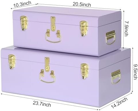 Vixdonos Storage Trunk Chest Decorative Large Metal Box Set of 2 College Dorm Organizer with Hardware Hasps and Handle for Home Deocr,23.7X14.2X9.5 Inches - Image 2