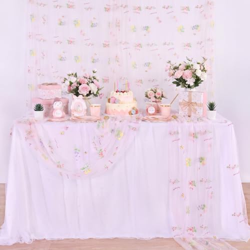 Pink Floral Gauze Table Runner 6pcs 10ft Embroidery Tulle Spring Decor - Image 5
