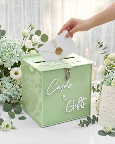 Sage Green Acrylic Wedding Card Box with Lock, 10" Card Holder with Slot - Image 3