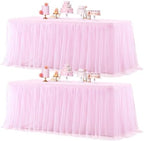Pink Table Cloths for Parties Light Pink Tulle Tablecloth Rectangle, Pink Tulle Table Skirt Rectangle Table 6ft Fitted Table Covers Stretch Elastic Banquet Party Baby Shower Wedding Table Cloth 6 Foot by HBBMAGIC