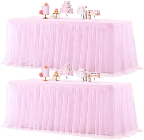 Pink Table Cloths for Parties Light Pink Tulle Tablecloth Rectangle, Pink Tulle Table Skirt Rectangle Table 6ft Fitted Table Covers Stretch Elastic Banquet Party Baby Shower Wedding Table Cloth 6 Foot by HBBMAGIC