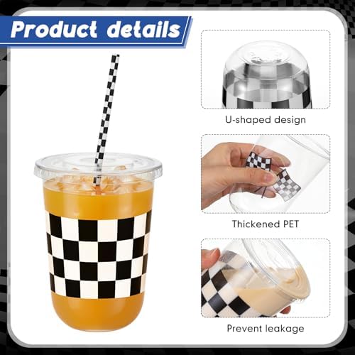 LemonRoad 100sets 16oz Checkered Flag Cups Race Car Birthday Party Decorations Supplies Plastic Cups Disposable with Lids and Straws for Racing Party Christmas Birthday Wedding Baby Shower Decoration - Image 4