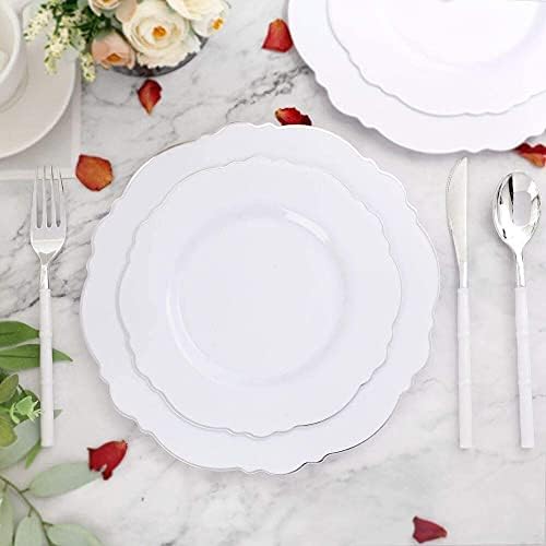 WDF 100pcs Silver Plastic Plates - High-end Baroque Design - Heavy Duty White &Silver Plates for Christmas Upscale Parties &Wedding - Image 2