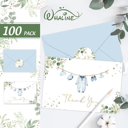 Whaline 100 Pack Baby Shower Thank You Cards Boxed Greeting Cards Blue Baby Cloth Note Card with Envelope Sticker for Birthday Gender Reveal - Image 3