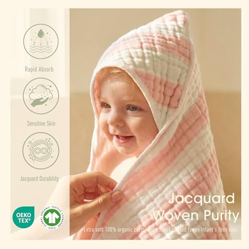 Organic Muslin Hooded Baby Bath Towel 4pc for Newborn - Pink Stripe - Image 3