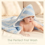 Organic Muslin Hooded Baby Bath Towel 4pc for Newborn - Blue Stripe - Image 2