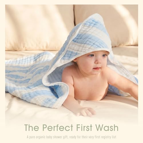 Organic Muslin Hooded Baby Bath Towel 4pc for Newborn - Blue Stripe - Image 2