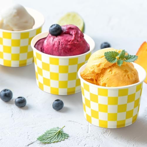 Zopeal 50 Count Yellow Checkered Ice Cream Cups Disposable 9 oz Ice Cream Bowls Paper Race Car Birthday Party Supplies Snack Cups Sundae Picnic Dessert Yogurt Bowls for Food (Pack of 3) - Image 2