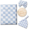 Miaoberry Checkered Muslin Swaddle Set, 100% Organic Cotton, Mist Blue,Checkerboard, Gender-Neutral, with Matching Bow, hat and Wooden Baby Arrival/Announcement Card by MiaoberryBaby