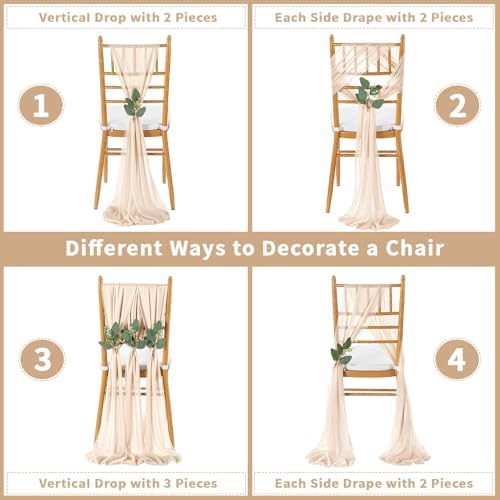 QueenDream Sheer Fabric Wedding Chair Sashes: 36PCS Tulle Church Chair Cover Long Chairs Bows Aisle Drapes Party Decorations Champagne - Image 4