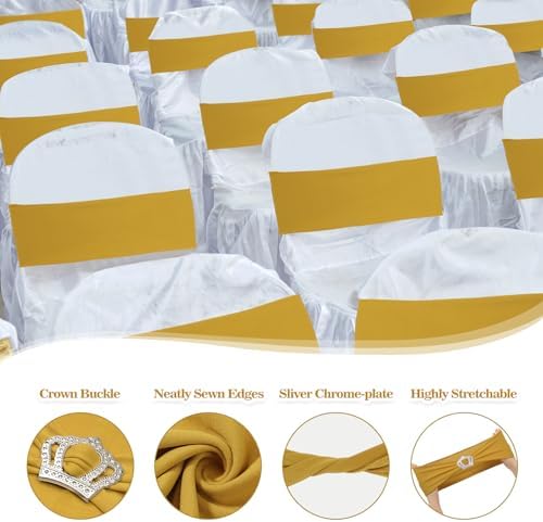 VitalCozy 100 Pcs Spandex Chair Sashes with Crown Buckle,Gold - Image 3