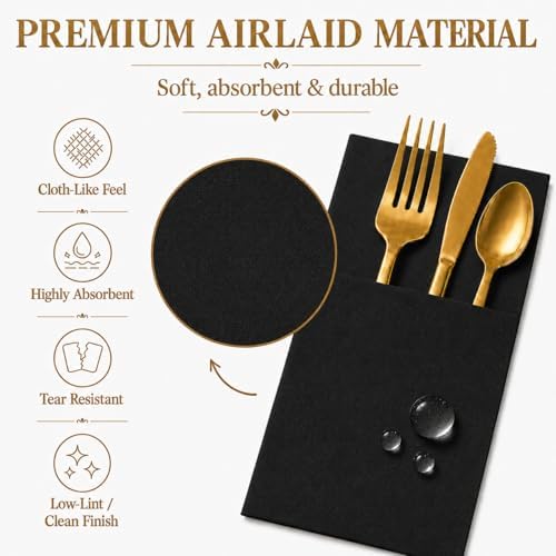 100 Pcs Black Napkins Disposable Linen Feel Dinner Paper Napkins with Built-in Flatware Pocket, Airlaid Paper Pre-Folded Napkins for Silverware Baby Shower Easter Wedding Birthday Party - Image 5