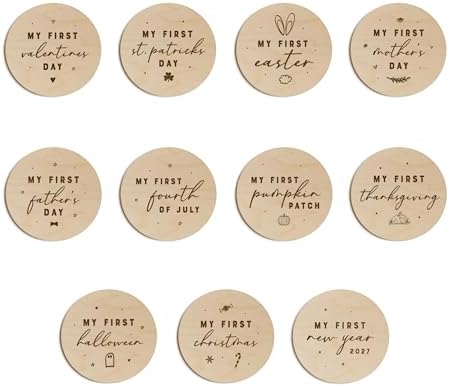 The Cotton & Canvas Co. Baby's First Holiday Milestone Cards Bundle, My First Year, Monthly Marker Plaque, Baby Shower, Newborn, Wooden Disc, Baby Photo Prop, Set of 11 by TheCottonCanvasCo