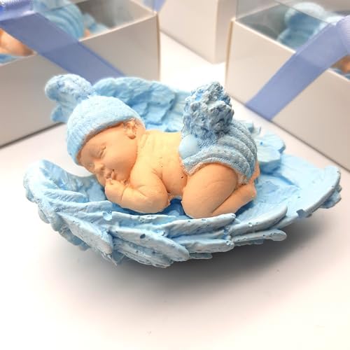 Blue Baby Shower Favor Set, 16 Stone Angel Magnets with Wings, boy Gender Reveal Thank You Tags, Baptism & Communion Favors (Blue) - Image 2